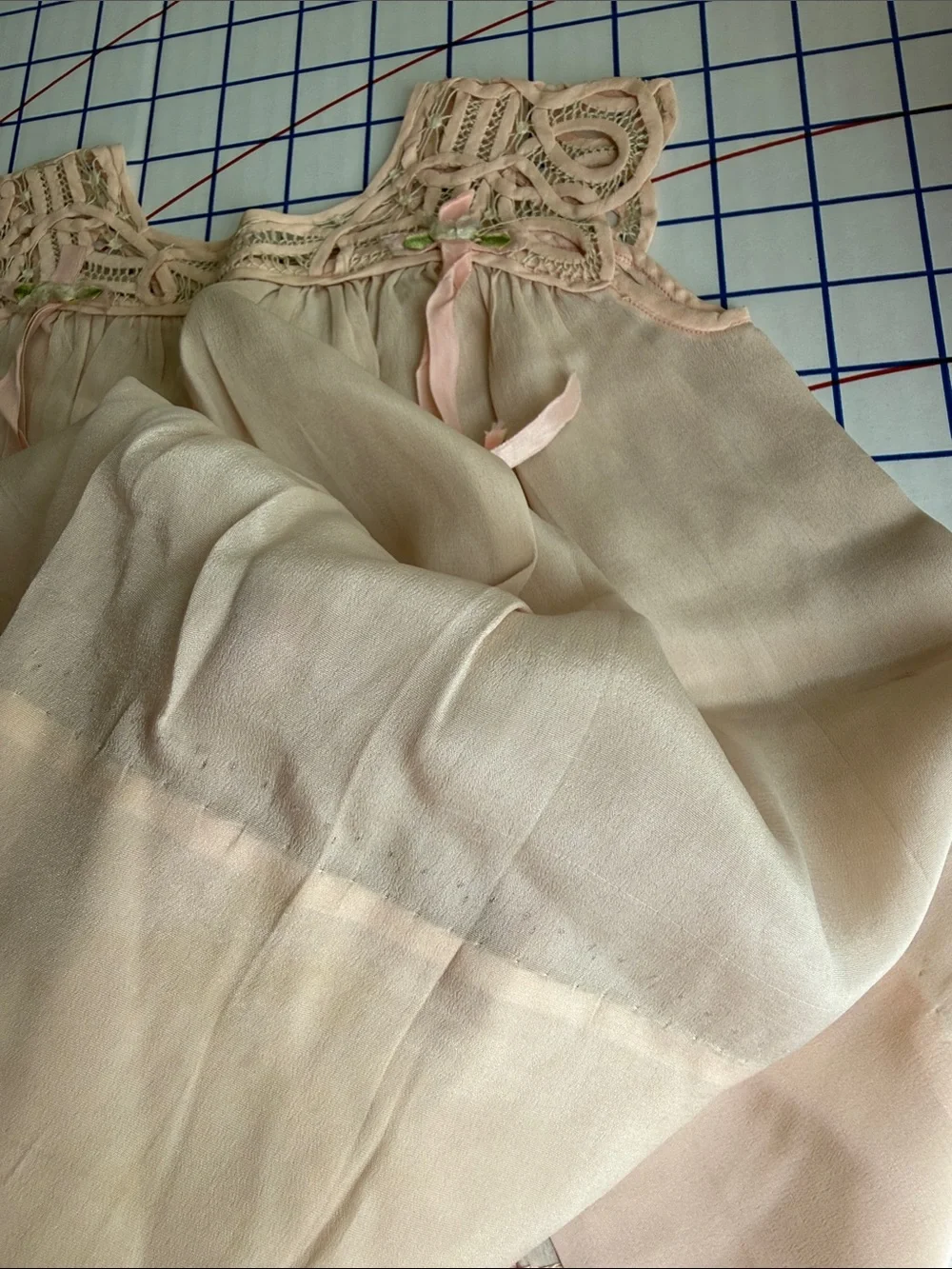 Antique c.1915–1925 Silk Baby Dress Tape Lace Pink Ribbonwork Heirloom Display